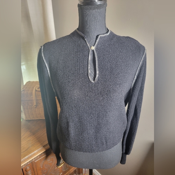 VINTAGE PUFF SLEEVE BLACK COTTON BLEND RHINESTONE TRIM SWEATER - Picture 1 of 8